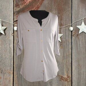 Ellen Tracy Blouse, Light Grey, 3/4 sleeve, button-up, gold button, Small